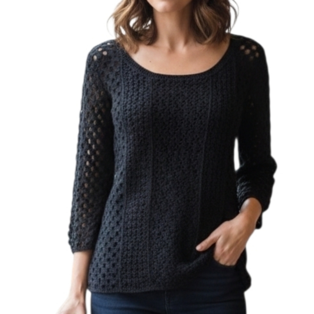 JH Collectibles Crochet Knit Sweater Top M Black Linen Cotton Blend 3/4 Sleeve